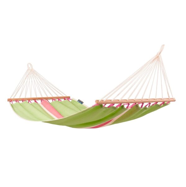 hamak z drążkiem zielono-różowy w jasnych, wesołych kolorach – prezent dla mamy lub na parapetówkę