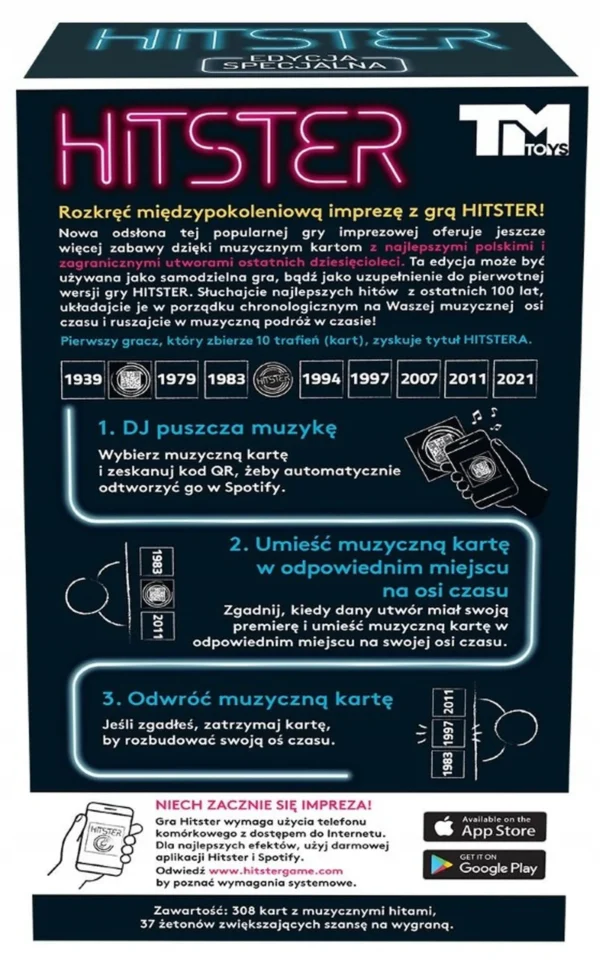 tył pudełka gry Hitster z instrukcją jak grać i zasadami gry muzycznej