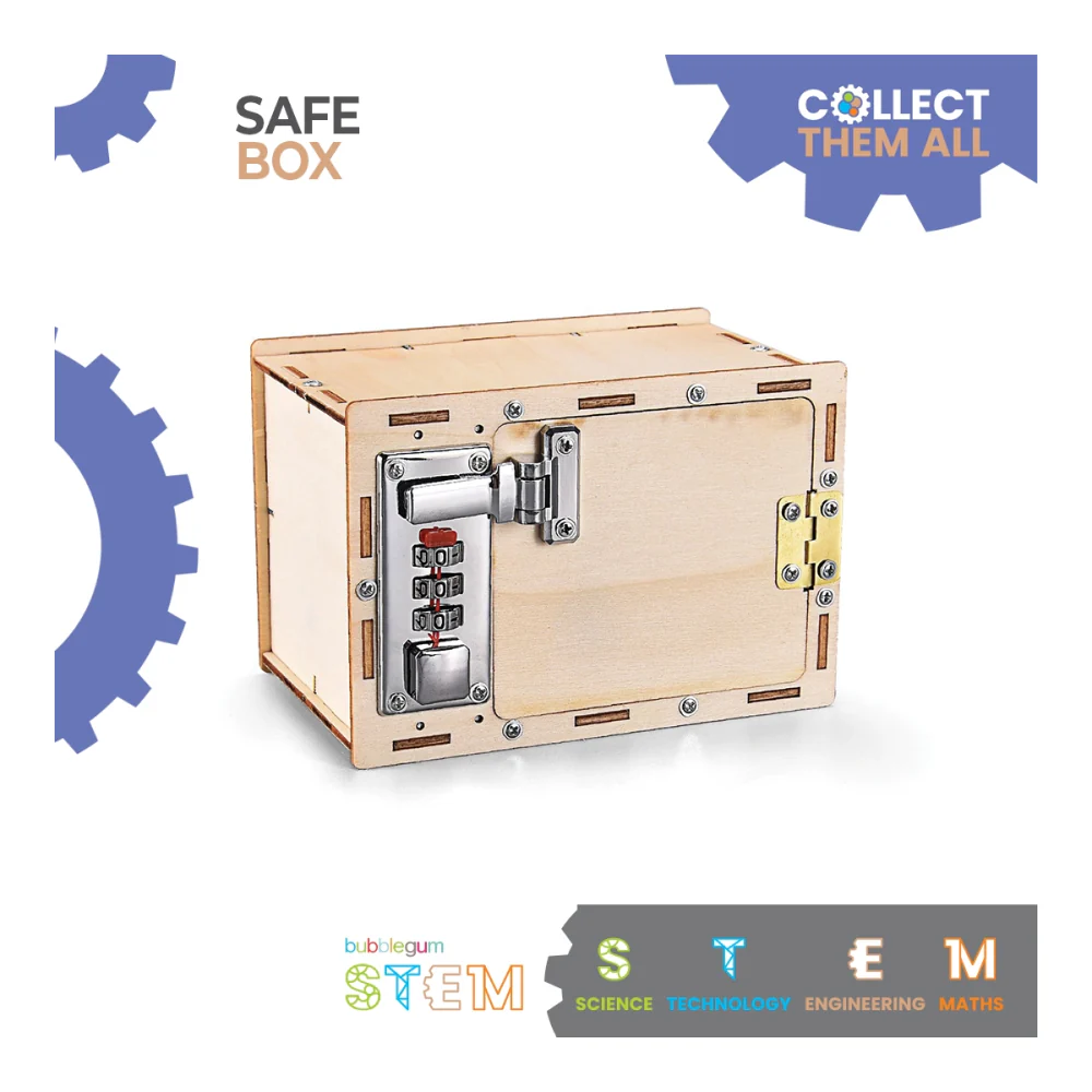 Złożony sejf Cuda Mechaniki STEM z opisem, co oznacza skrót STEM: science, technology, engineering, math