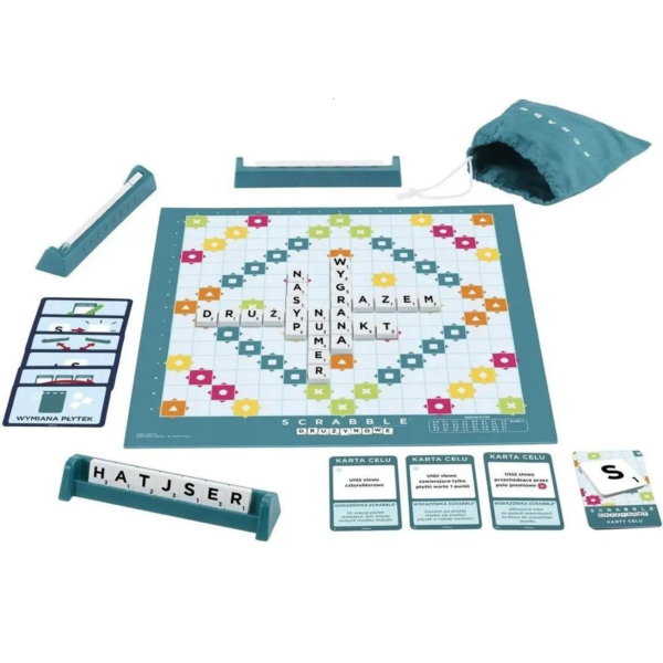 Kompletna zawartość pudełka gry Scrabble Mattel – plansza, litery, podstawki i akcesoria do klasycznej gry na prezent.